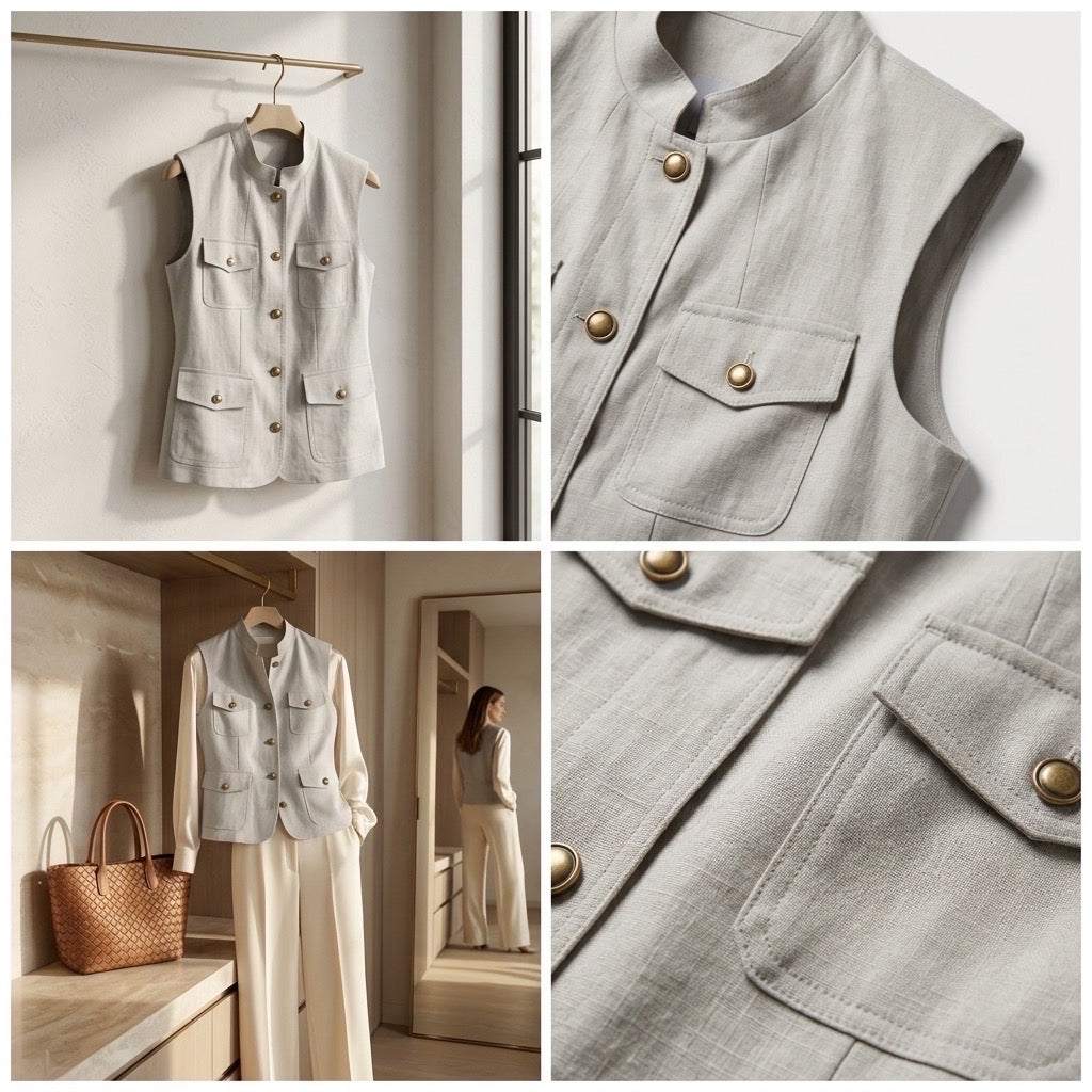 Tailored Safari Vest in Pearl Grey
