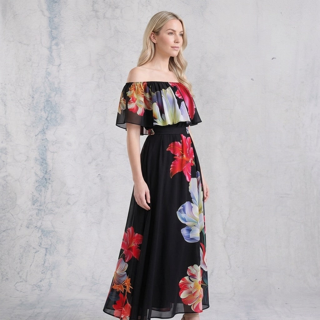 Heritage Bloom Off-Shoulder Maxi Dress