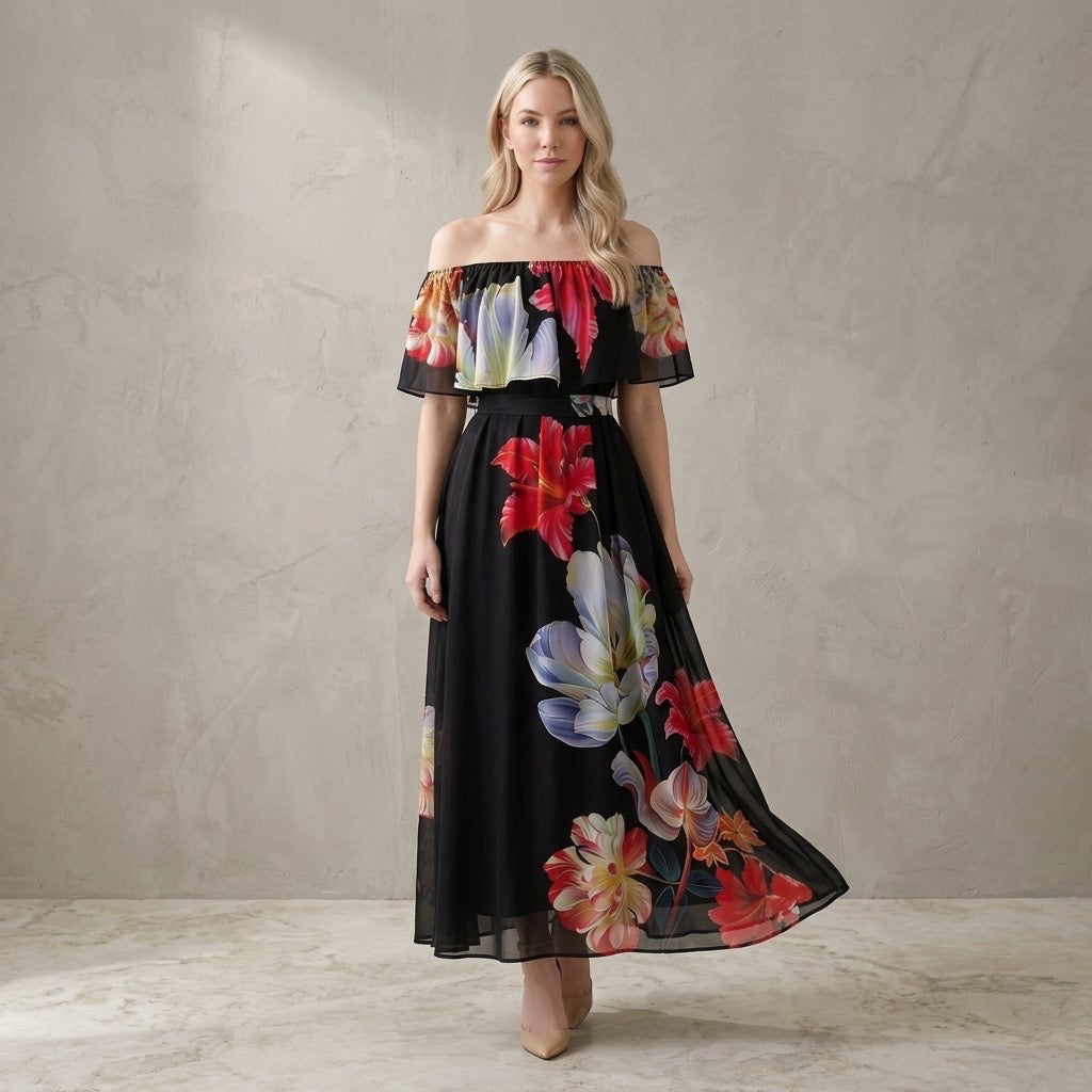 Heritage Bloom Off-Shoulder Maxi Dress