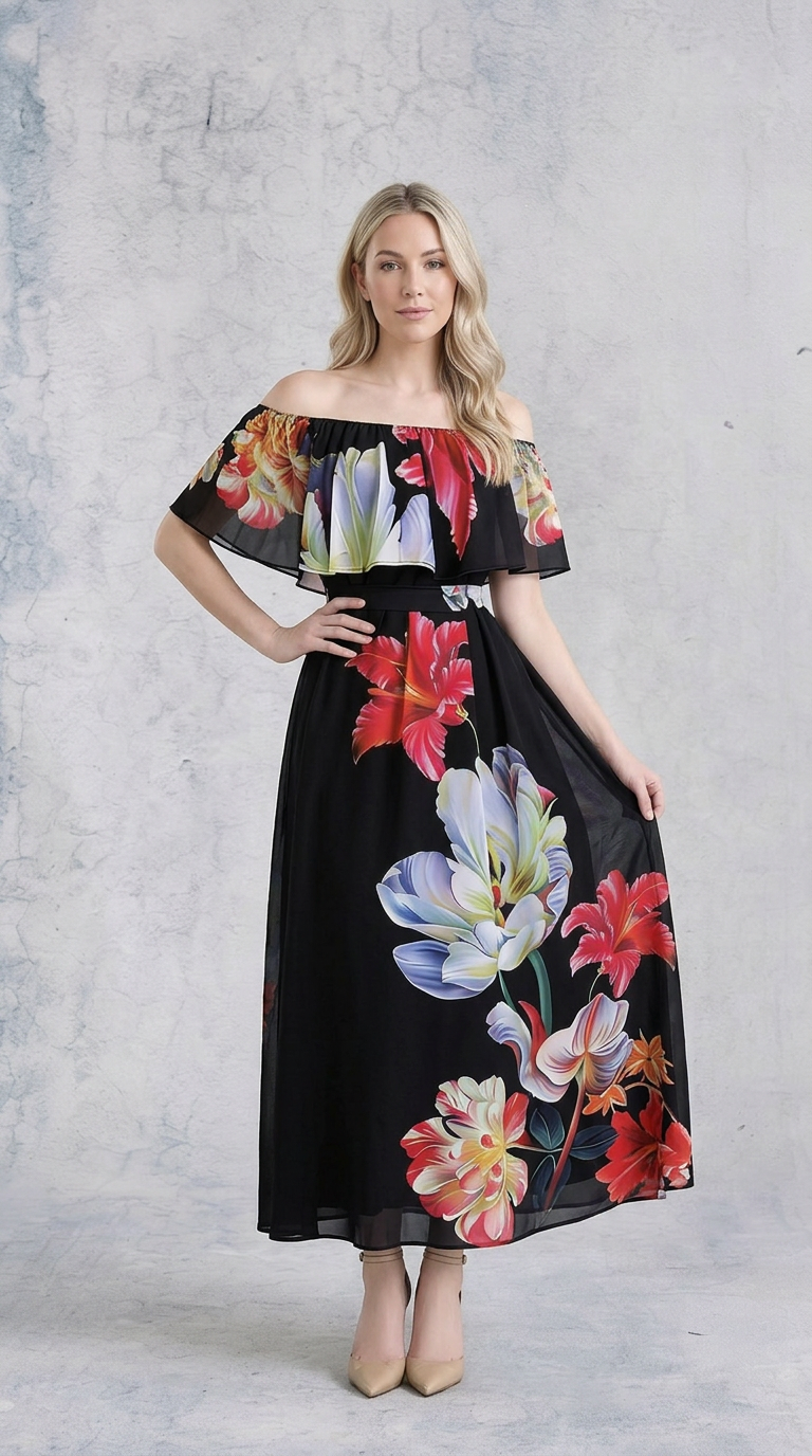 Heritage Bloom Off-Shoulder Maxi Dress