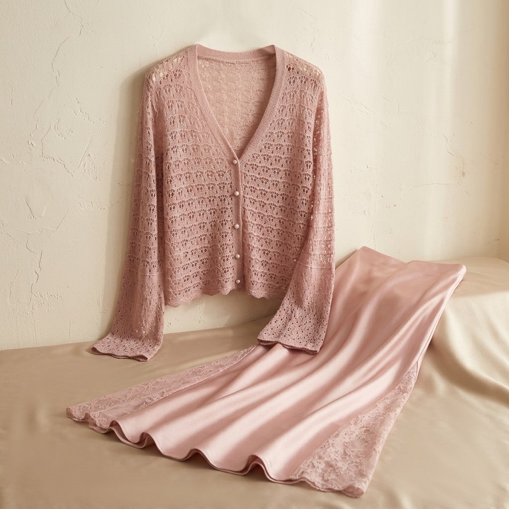 Blush Lace Knit Cardigan Set